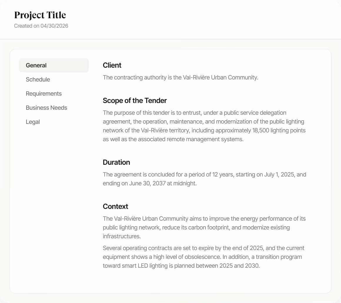 Tender analysis interface showing extracted client, scope, duration and context fields