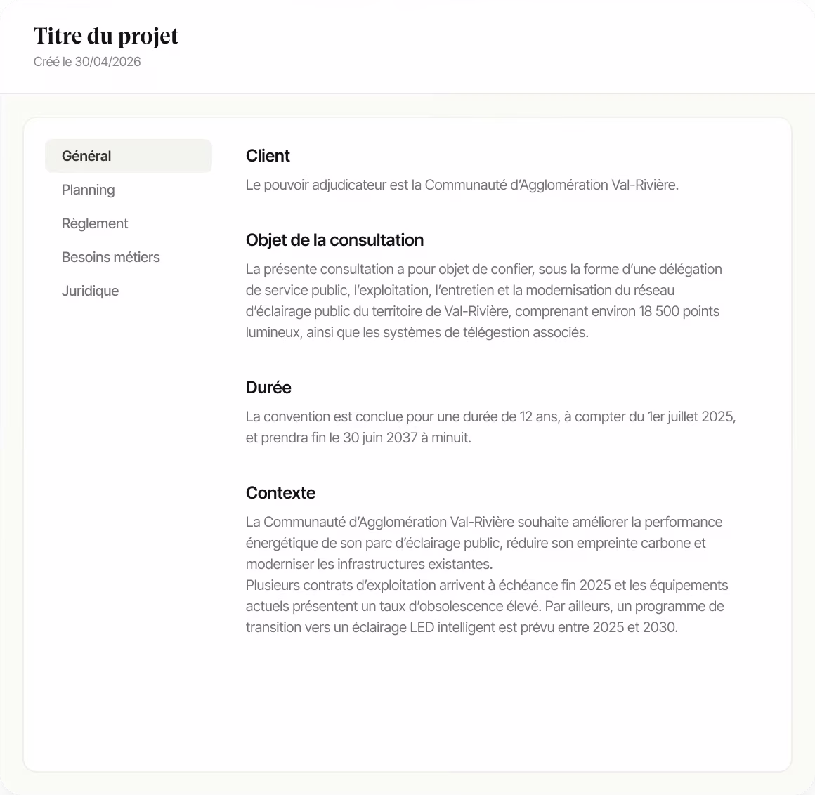 Interface d'analyse d'appel d'offres affichant les champs client, périmètre, durée et contexte extraits