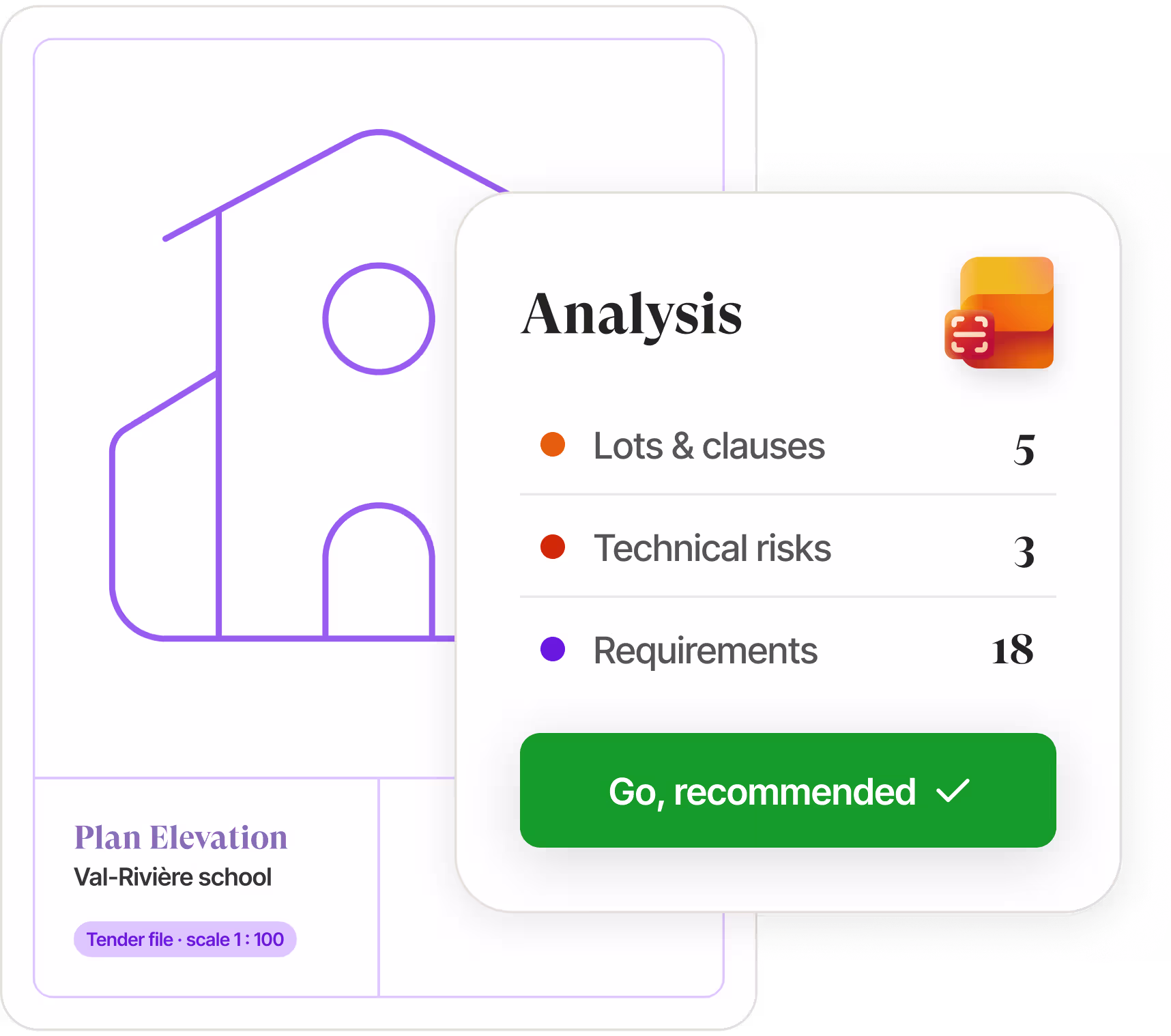 Tender analysis interface showing extracted client, scope, duration and context fields