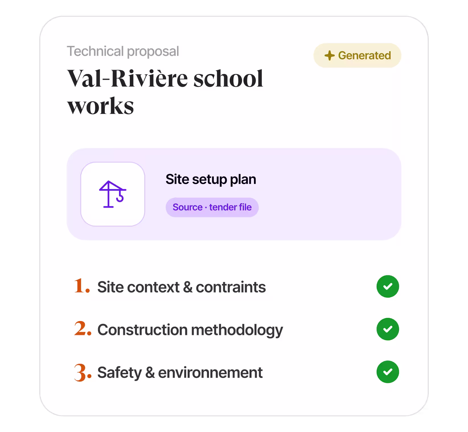 AI proposal drafting interface showing an environmental responsibility section with AI suggestions