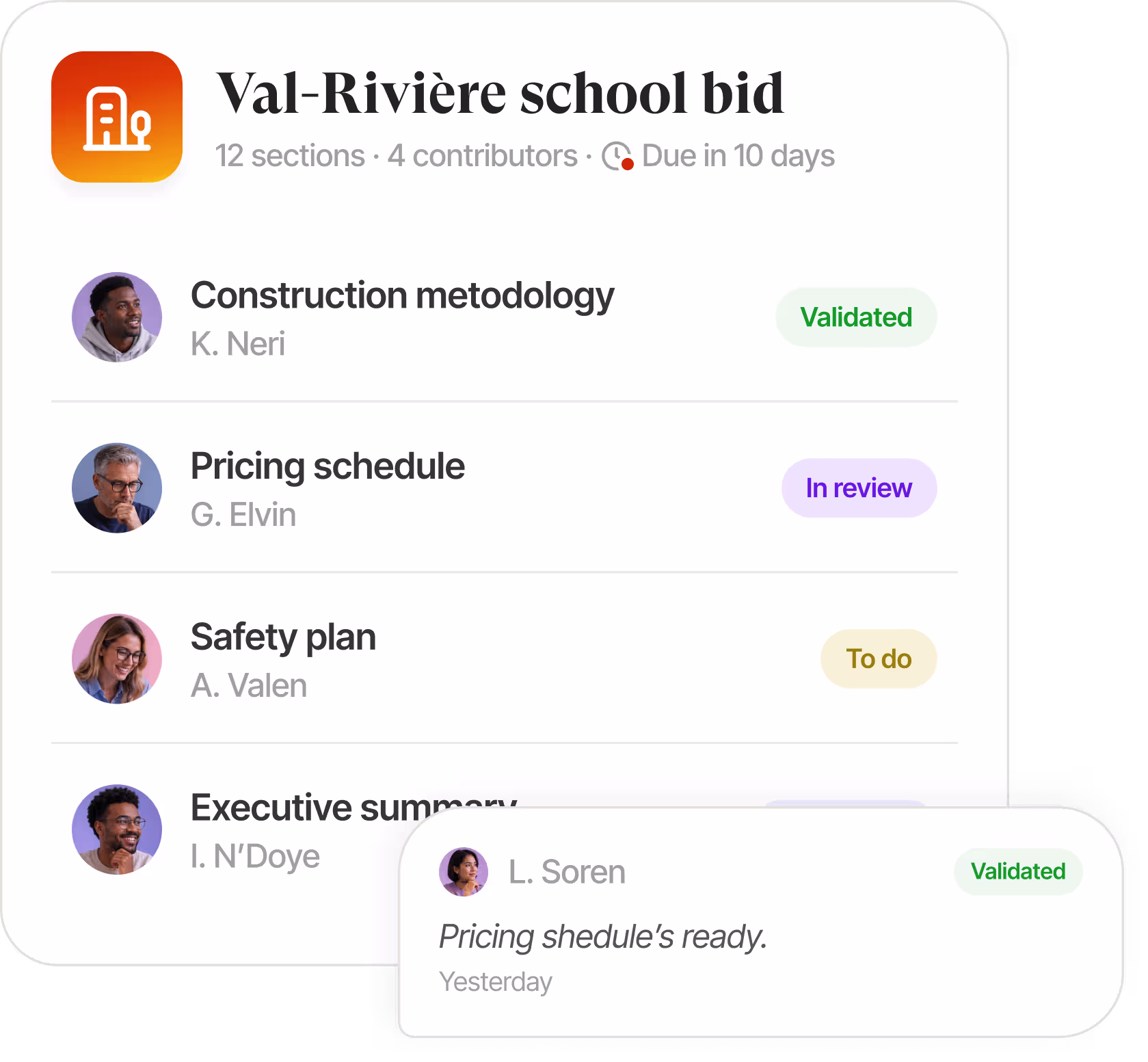 Knowledge base interface listing tender documents with checkboxes and filters