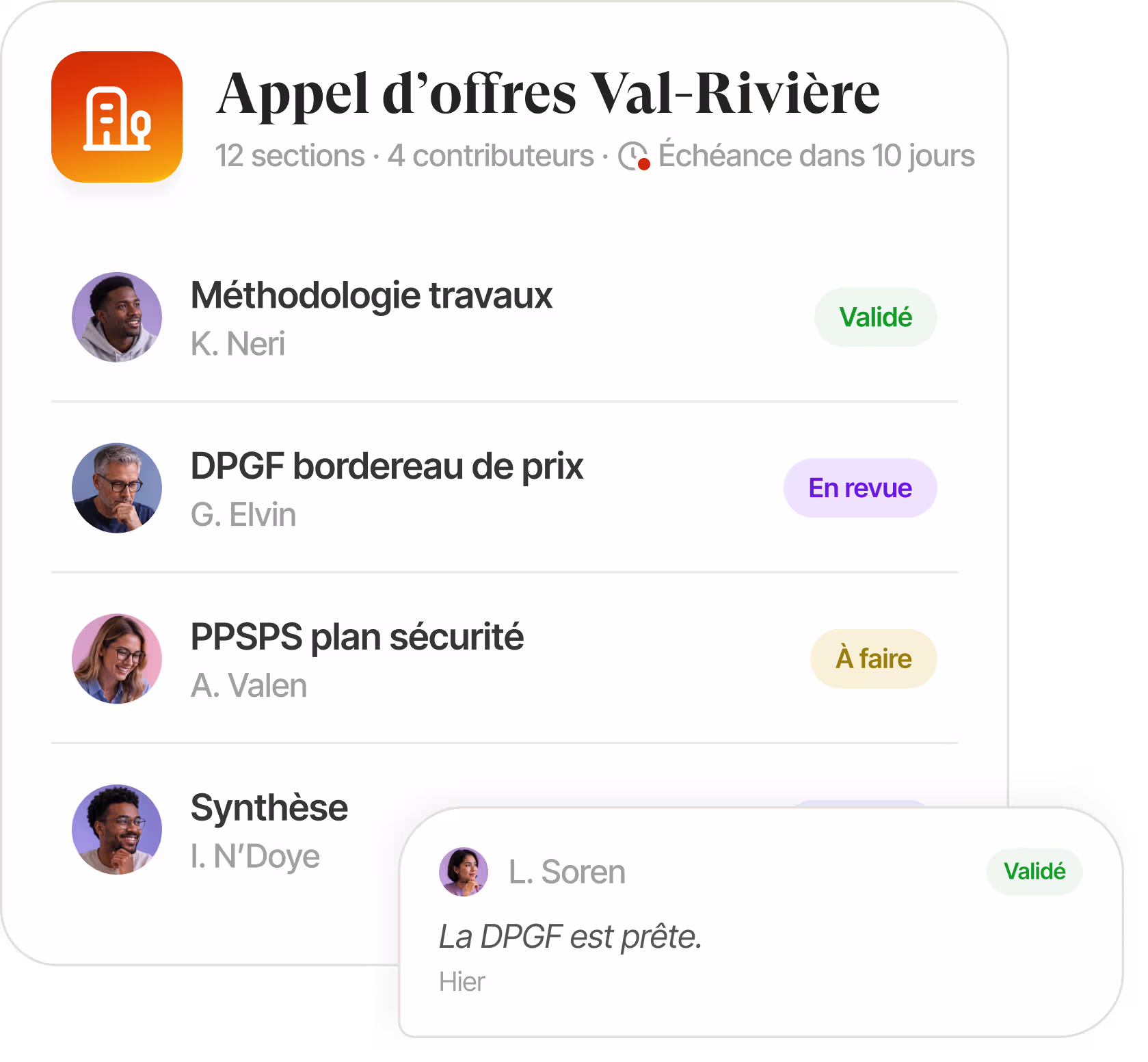Interface de base de connaissances listant les documents d'appel d'offres avec cases à cocher et filtres