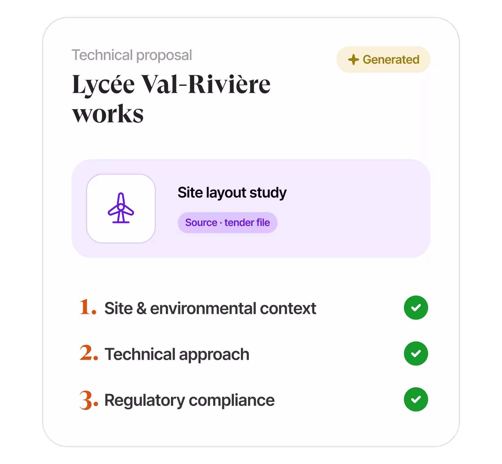 AI proposal drafting interface showing an environmental responsibility section with AI suggestions