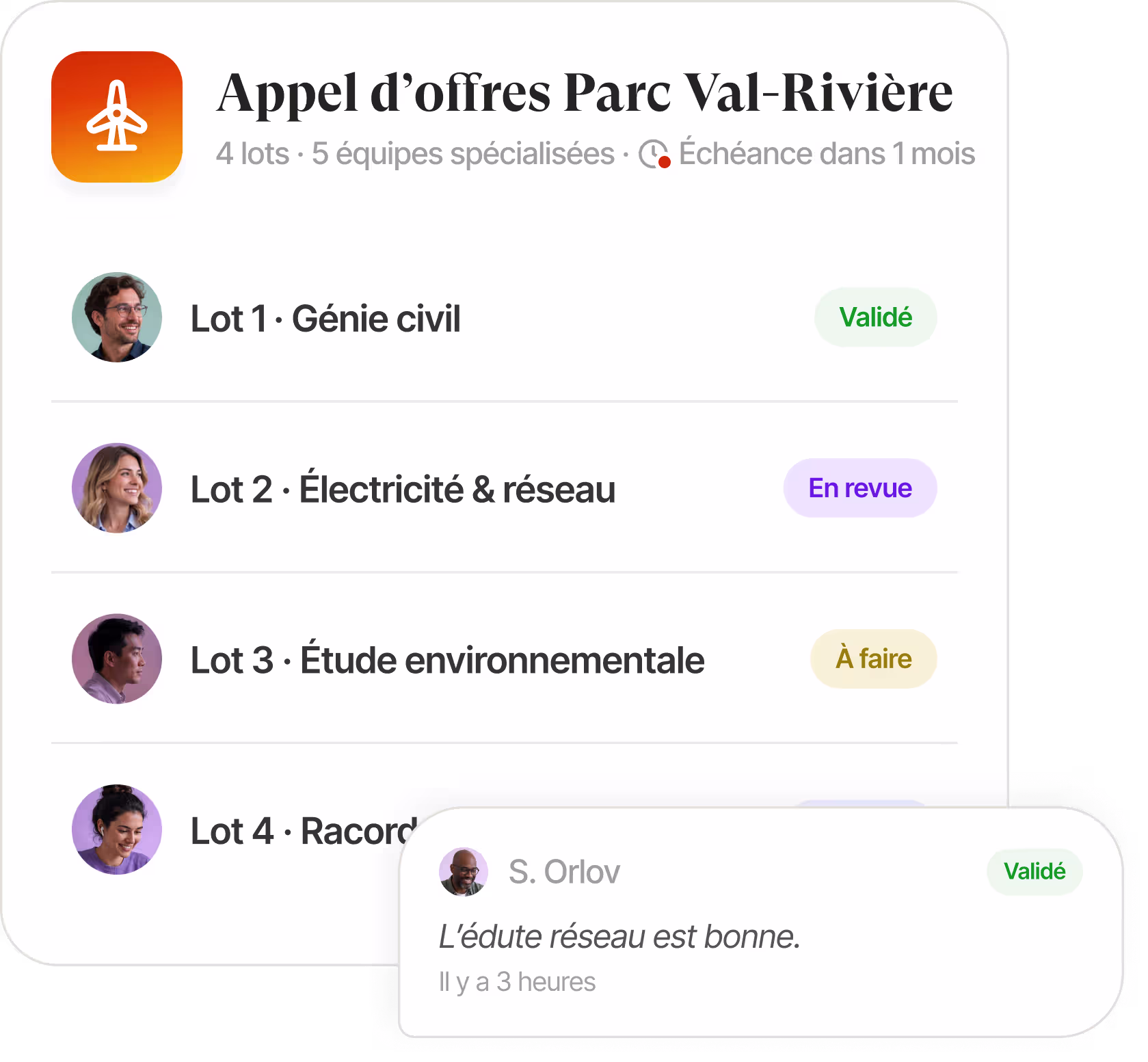 Interface de base de connaissances listant les documents d'appel d'offres avec cases à cocher et filtres