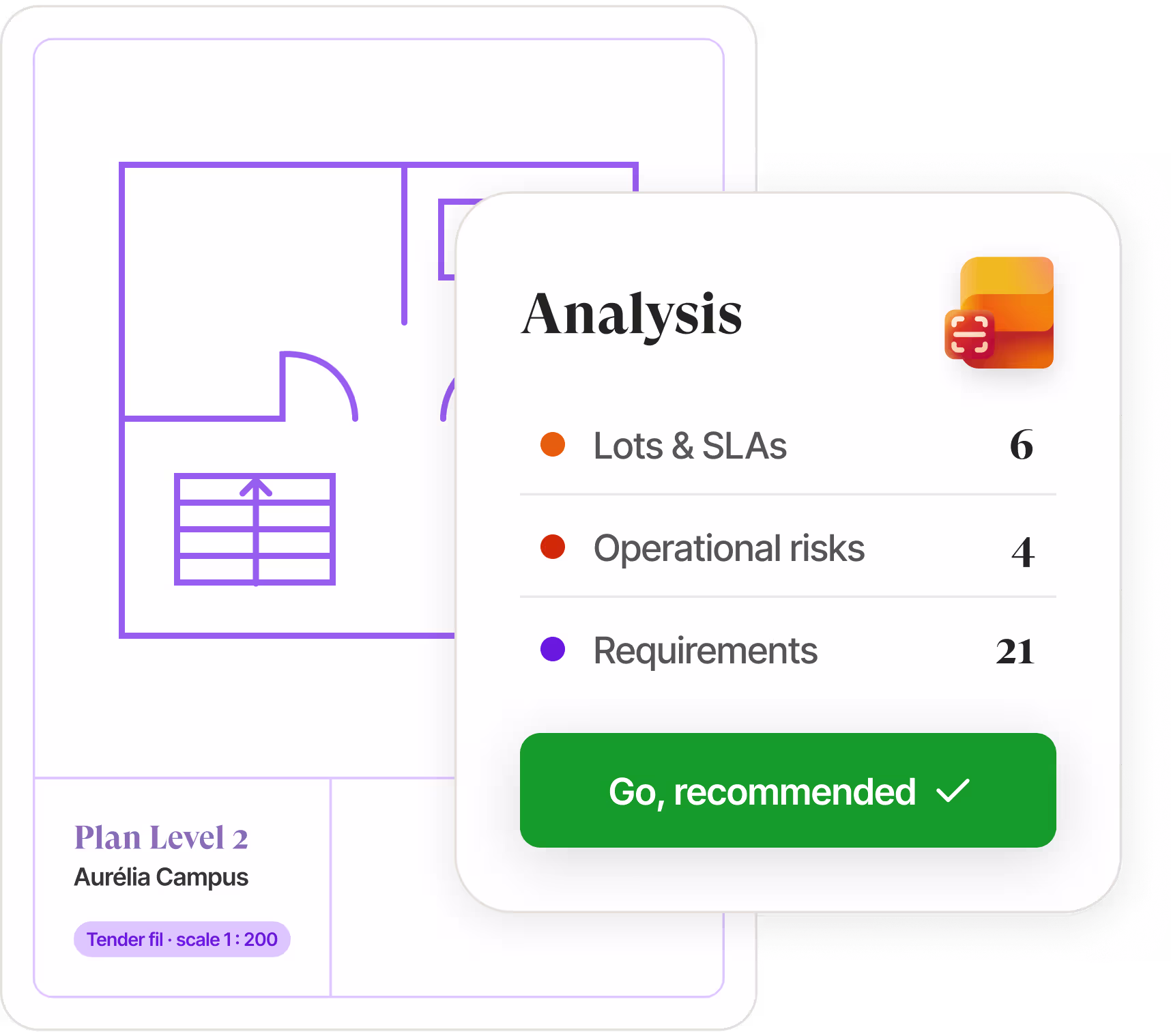 Tender analysis interface showing extracted client, scope, duration and context fields