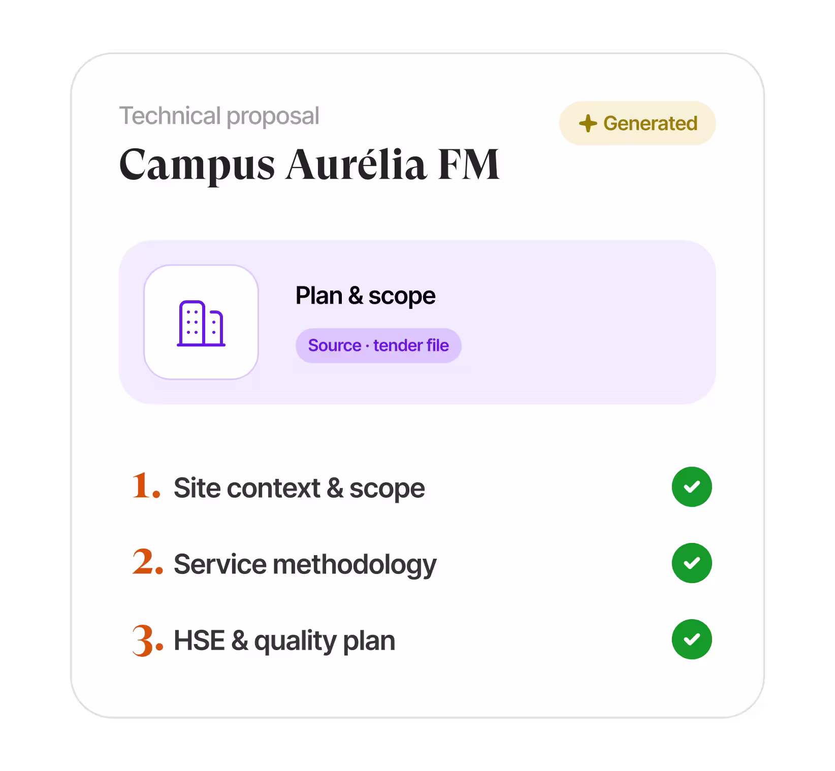 AI proposal drafting interface showing an environmental responsibility section with AI suggestions