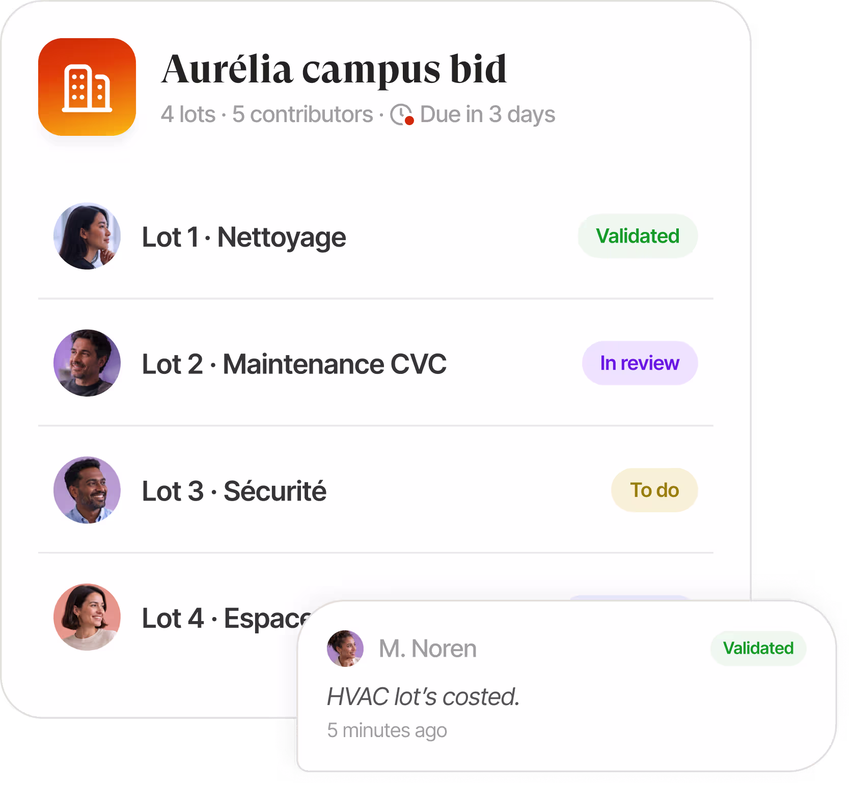 Knowledge base interface listing tender documents with checkboxes and filters