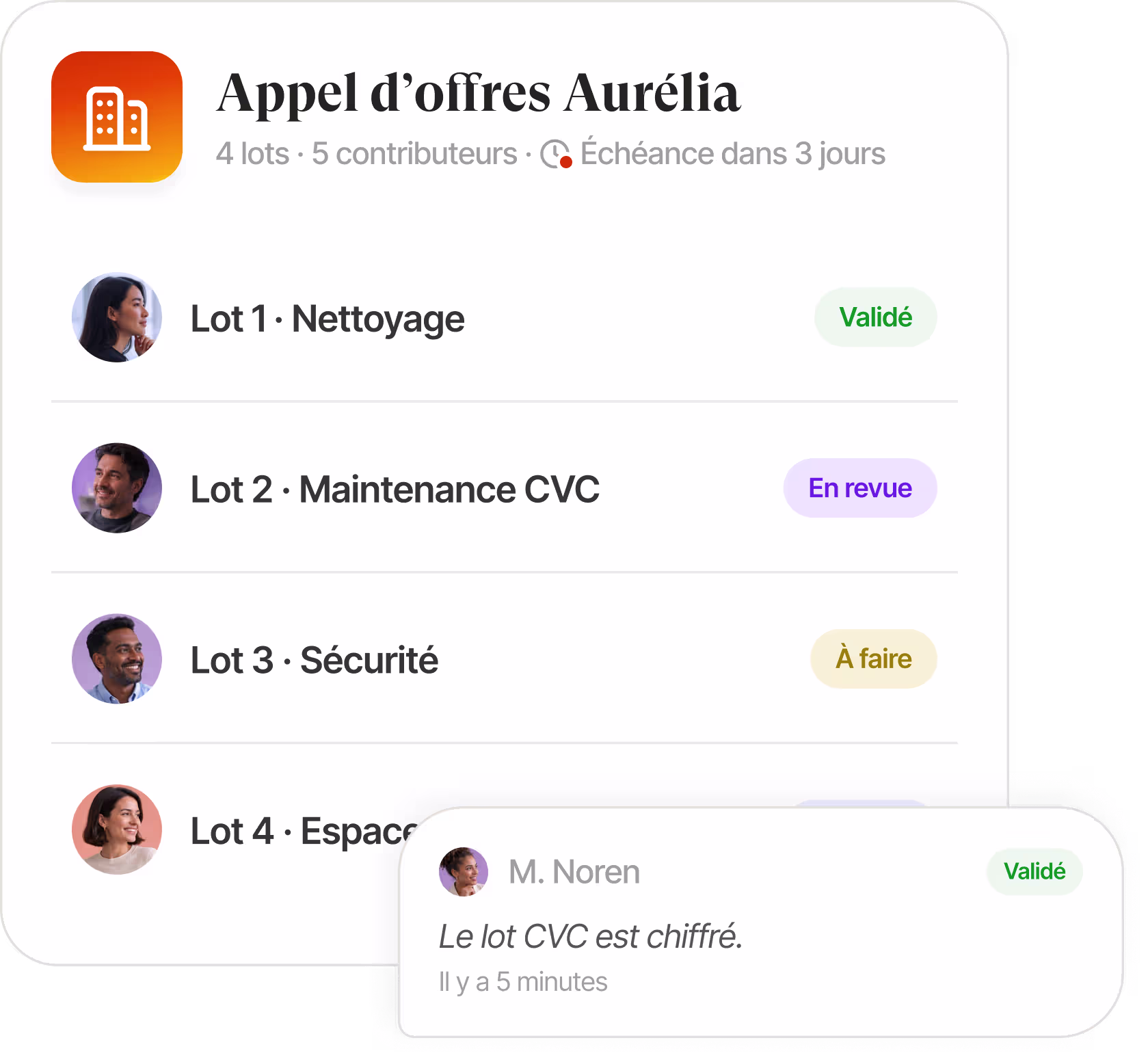 Interface de base de connaissances listant les documents d'appel d'offres avec cases à cocher et filtres