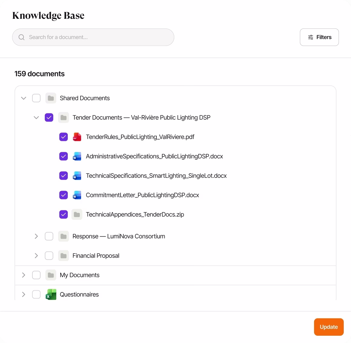 Knowledge base interface listing tender documents with checkboxes and filters