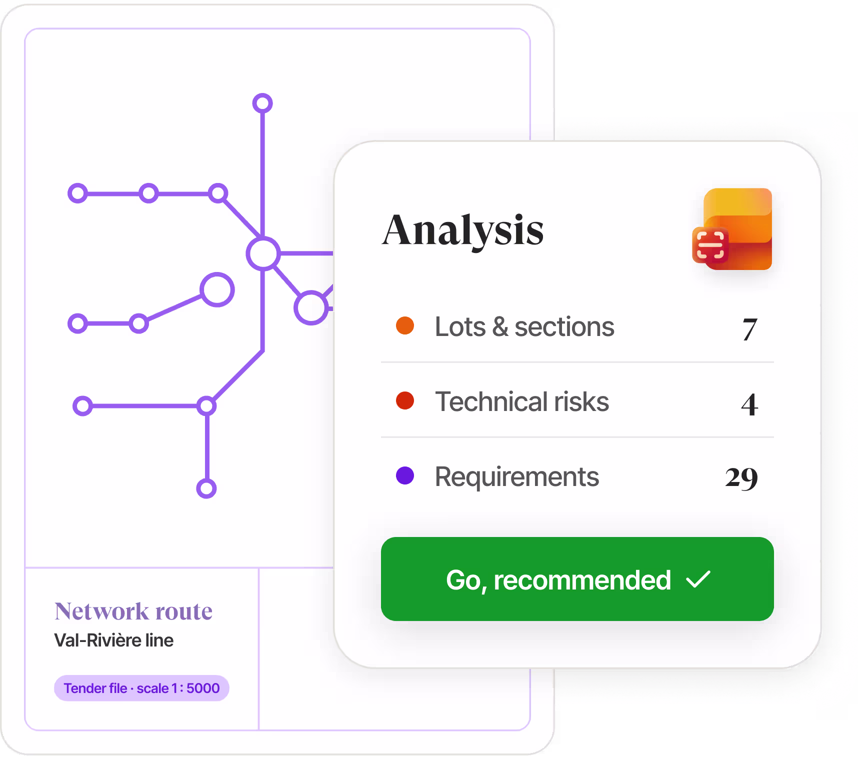 Tender analysis interface showing extracted client, scope, duration and context fields