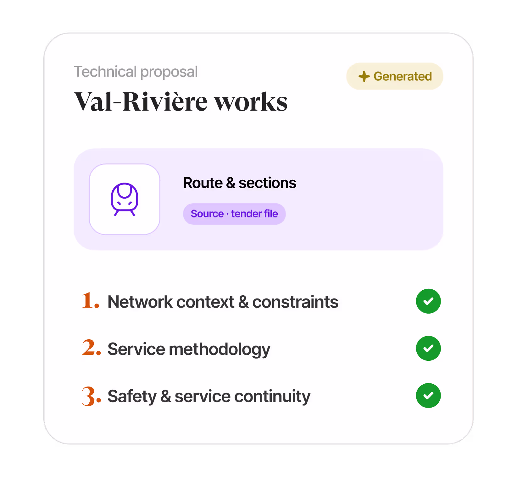 AI proposal drafting interface showing an environmental responsibility section with AI suggestions