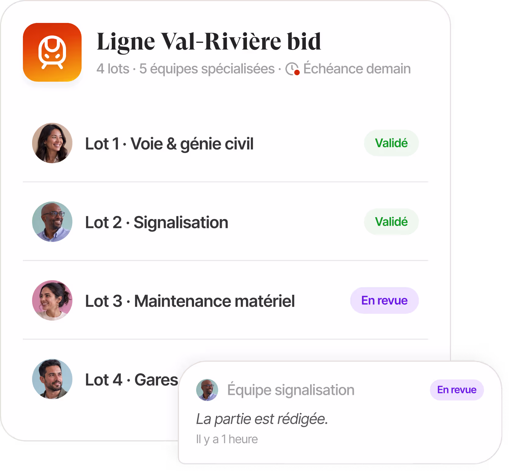 Interface de base de connaissances listant les documents d'appel d'offres avec cases à cocher et filtres
