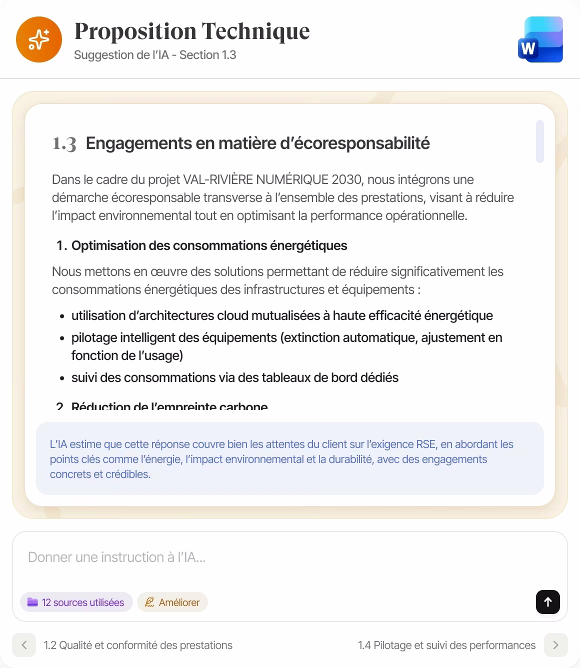 Interface de rédaction IA affichant une section engagements écoresponsables avec suggestions de l'IA