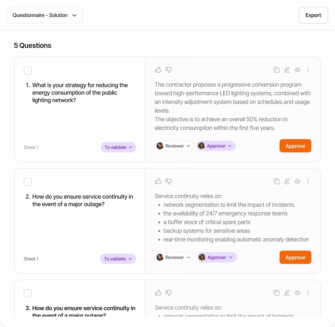 Questionnaire interface with auto-filled answers and reviewer/approver assignments