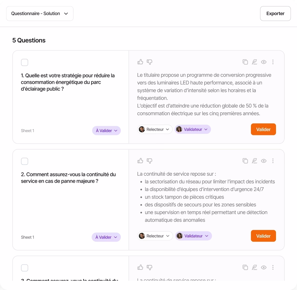 Interface de questionnaire avec réponses pré-remplies et assignations relecteur/validateur