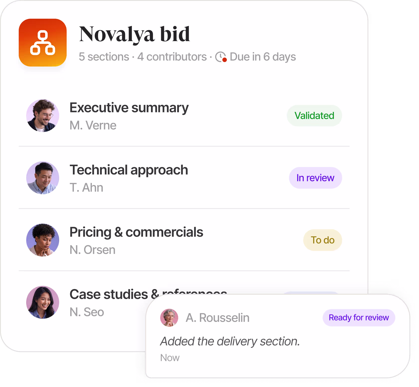 Knowledge base interface listing tender documents with checkboxes and filters
