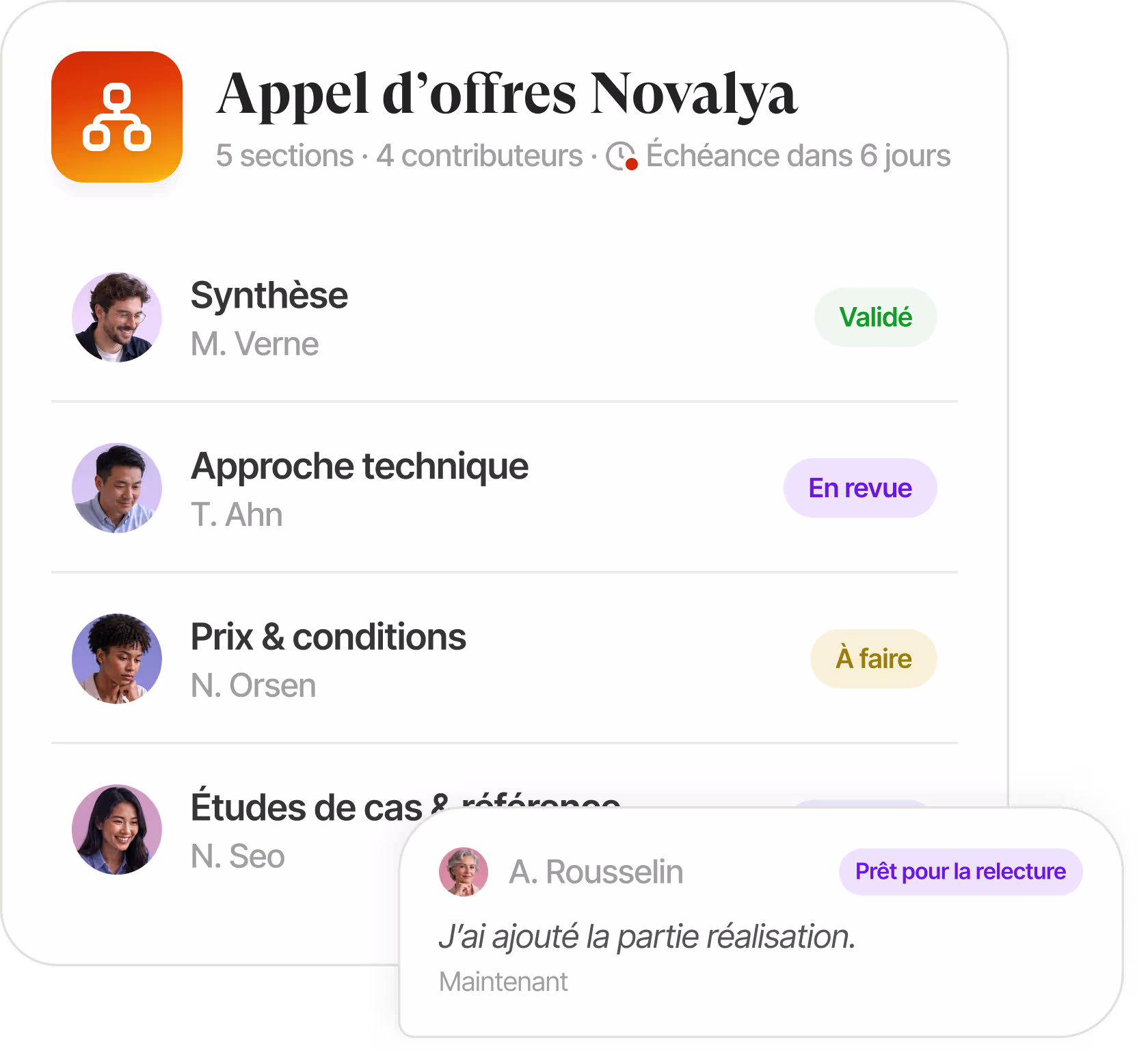 Interface de base de connaissances listant les documents d'appel d'offres avec cases à cocher et filtres