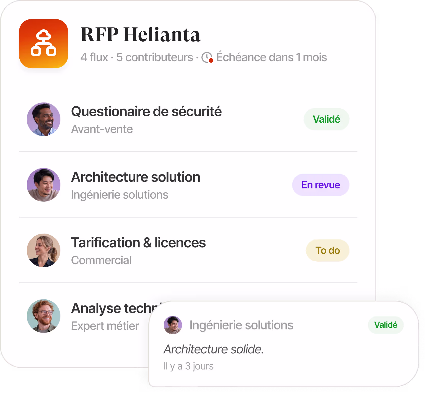 Interface de base de connaissances listant les documents d'appel d'offres avec cases à cocher et filtres
