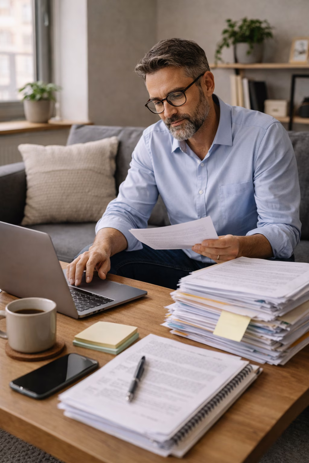 Consultant reviewing a bulky tender file at their desk